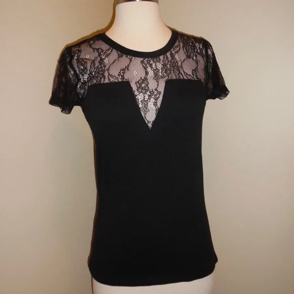 MAJE Paris Black Lace Inset Sheer Tee Shirt Top Short Sleeve Sexy 1 S Whimsigoth - Picture 3 of 12